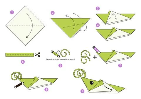 Origami tutorial for kids. Origami cute grasshopper. 스톡 일러스트