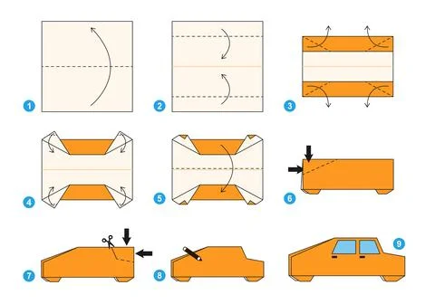 Origami tutorial for kids. Origami cute car. Illustrazione stock