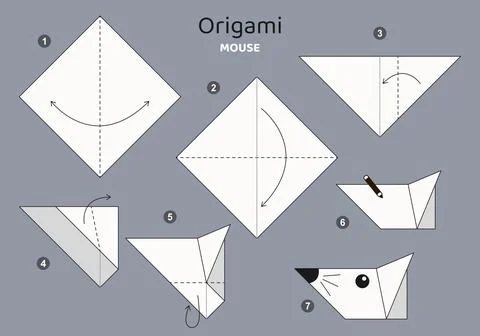 Origami tutorial for kids. Origami cute mouse. Illustrazione stock