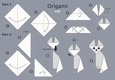 Origami tutorial for kids. Origami cute fox. イラスト素材