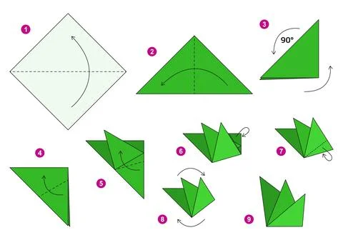 Origami tutorial for kids. Origami cute grass. Stock Illustration
