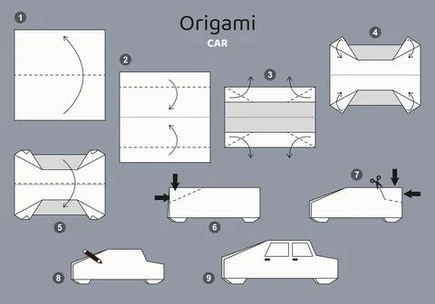 Origami tutorial for kids. Origami cute car. Stock Illustration