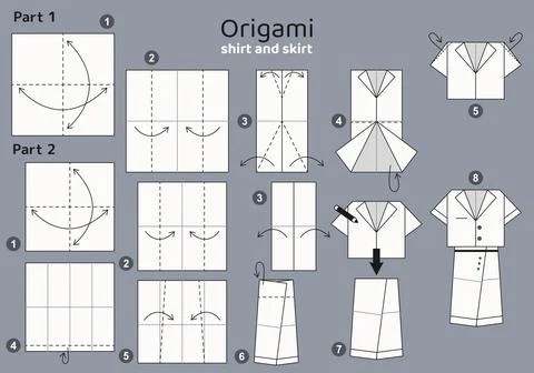 Origami tutorial for kids. Origami cute skirt and shirt. Stock Illustration