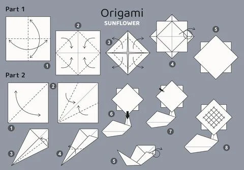 Origami tutorial for kids. Origami cute sunflower. Stock Illustration