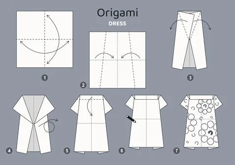 Origami tutorial for kids. Origami cute dress. Stock Illustration