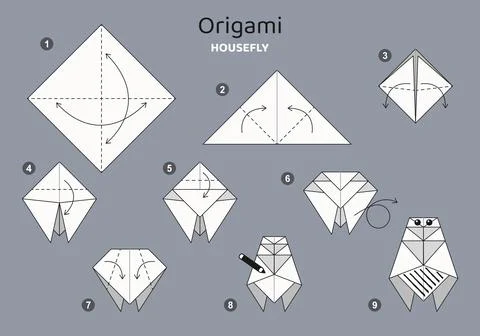 Origami tutorial for kids. Origami cute fly. Ilustração Stock
