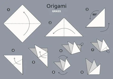 Origami tutorial for kids. Origami cute grass. 스톡 일러스트