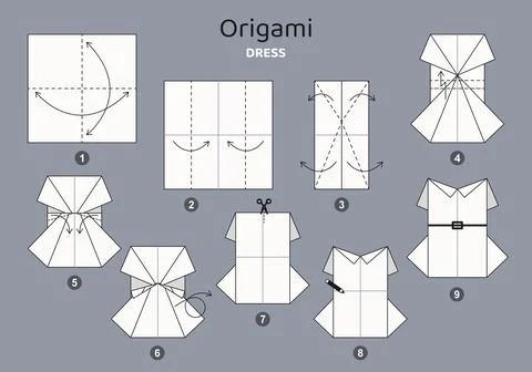 Origami tutorial for kids. Origami cute dress. Stockillustratie