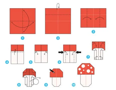Origami tutorial for kids. Origami cute fly agaric Stockillustratie