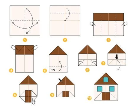 Origami tutorial for kids. Origami cute house. Illustrazione stock