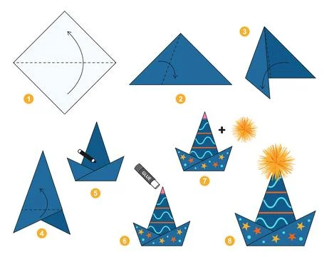 Origami tutorial for kids. Origami cute magic hat. Illustrazione stock