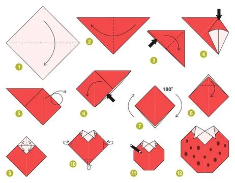 Origami tutorial for kids. Origami cute strawberry Stockillustratie