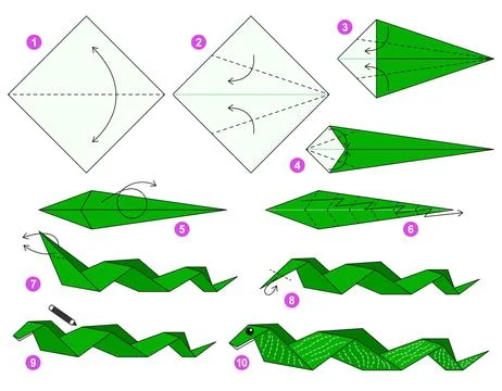 Origami tutorial for kids. Origami cute snake. Stockillustratie