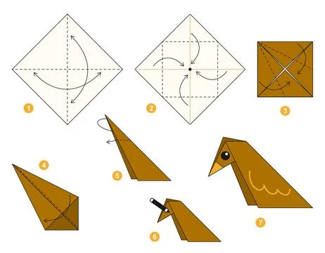Origami tutorial for kids. Origami cute bird. Stockillustratie