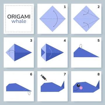 Origami tutorial for kids. Origami cute whale. Stockillustratie