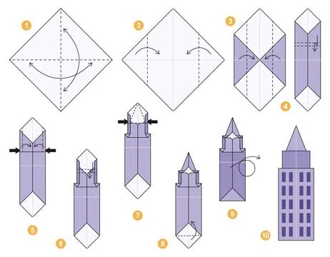 Origami tutorial for kids. Origami cute skyscraper Stockillustratie