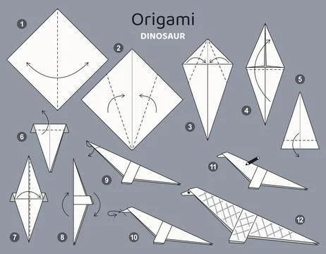 Origami tutorial for kids. Origami cute dinosaur. Illustrazione stock