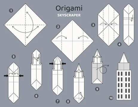 Origami tutorial for kids. Origami cute skyscraper Illustrazione stock