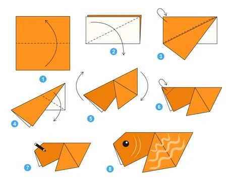 Origami tutorial for kids. Origami cute goldfish. Illustrazione stock