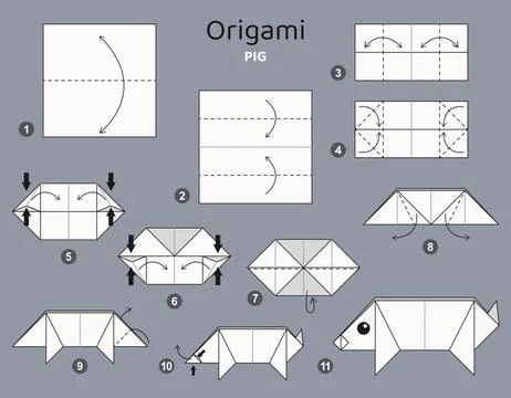 Origami tutorial for kids. Origami cute pig. Ilustração Stock