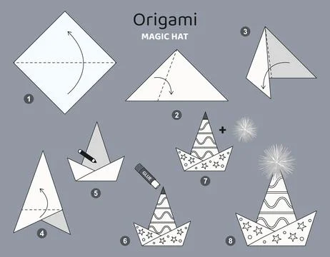 Origami tutorial for kids. Origami cute magic hat. 스톡 일러스트