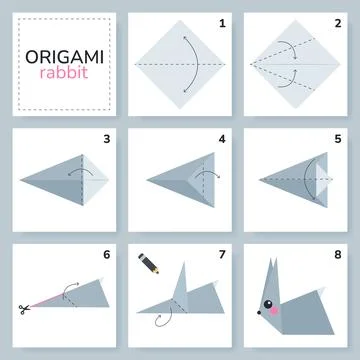 Origami tutorial for kids. Origami cute rabbit. Stock Illustration
