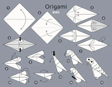 Origami tutorial for kids. Origami cute bird. Ilustração Stock