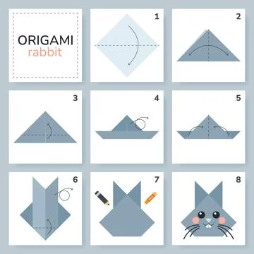 Origami tutorial for kids. Origami cute rabbit. Illustrazione stock