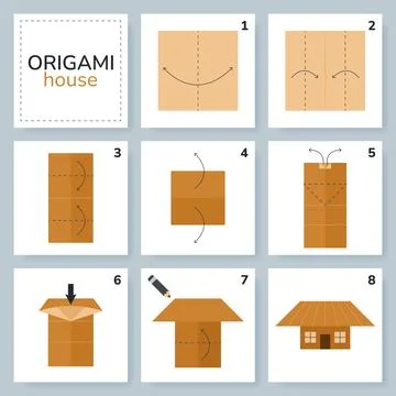 Origami tutorial for kids. Origami cute house. Stockillustratie