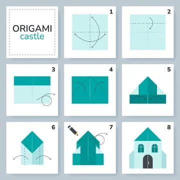 Origami tutorial for kids. Origami cute house. Stockillustratie