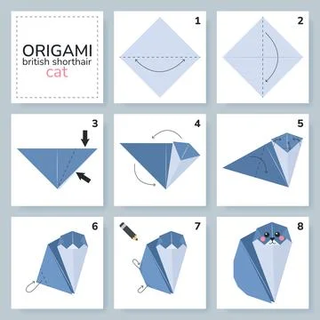 Origami tutorial for kids. Origami cute cat. イラスト素材