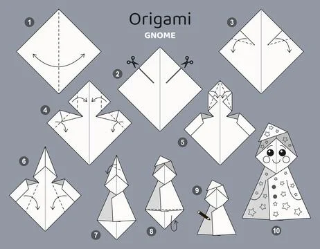 Origami tutorial for kids. Origami cute gnome. Stock Illustration