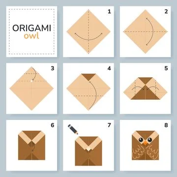Origami tutorial for kids. Origami cute owl. Illustrazione stock