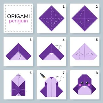 Origami tutorial for kids. Origami cute penguin. Illustrazione stock