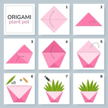 Origami tutorial for kids. Origami cute plant pot. Stock Illustration