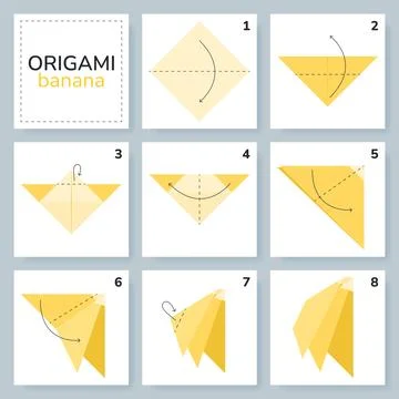Origami tutorial for kids. Origami cute bananas. Ilustração Stock