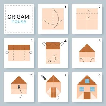 Origami tutorial for kids. Origami cute house. Illustrazione stock