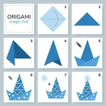 Origami tutorial for kids. Origami cute magic hat. 스톡 일러스트