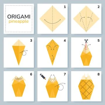 Origami tutorial for kids. Origami cute pineapple. Ilustração Stock