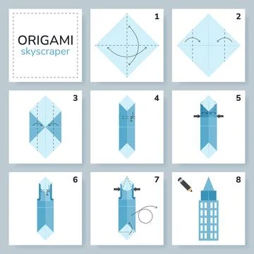 Origami tutorial for kids. Origami cute skyscraper Stock Illustration