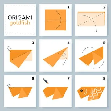 Origami tutorial for kids. Origami cute goldfish. Illustrazione stock