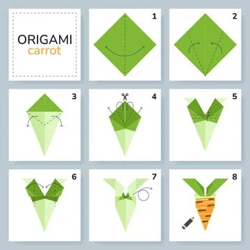 Origami tutorial for kids. Origami cute carrot. Illustrazione stock