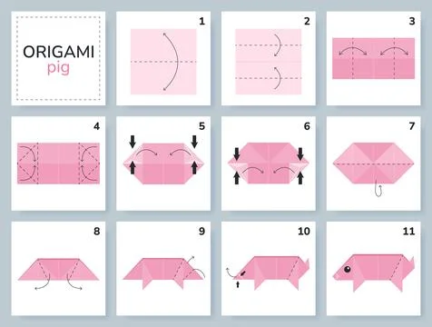 Origami tutorial for kids. Origami cute pig. Illustrazione stock