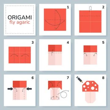 Origami tutorial for kids. Origami cute fly agaric Stock Illustration