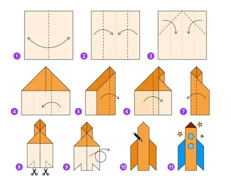 Origami tutorial for kids. Origami cute rocket. Stock Illustration