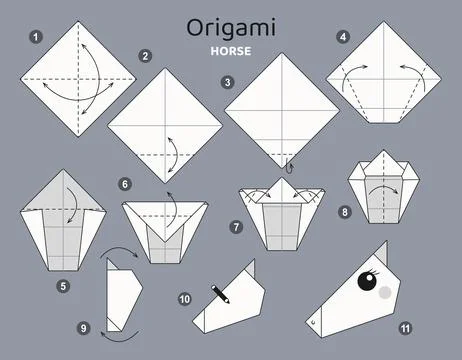 Origami tutorial for kids. Origami cute horse. Illustrazione stock