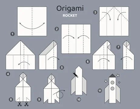 Origami tutorial for kids. Origami cute rocket. 스톡 일러스트
