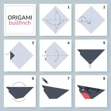 Origami tutorial for kids. Origami cute bullfinch. Ilustração Stock