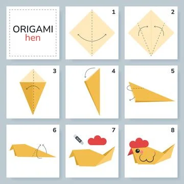 Origami tutorial for kids. Origami cute hen. Stock Illustration