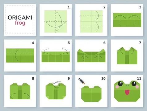 Origami tutorial for kids. Origami cute frog. 스톡 일러스트
